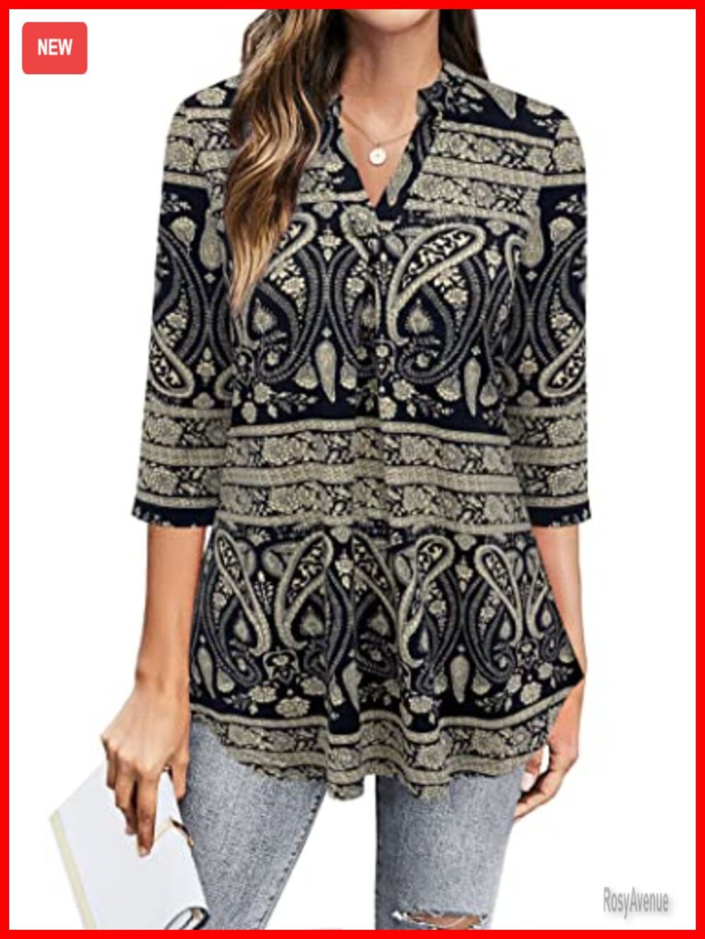 Womens 3/4 Sleeve V Neck Pleated Tunic Blouse Business Casual Work Top